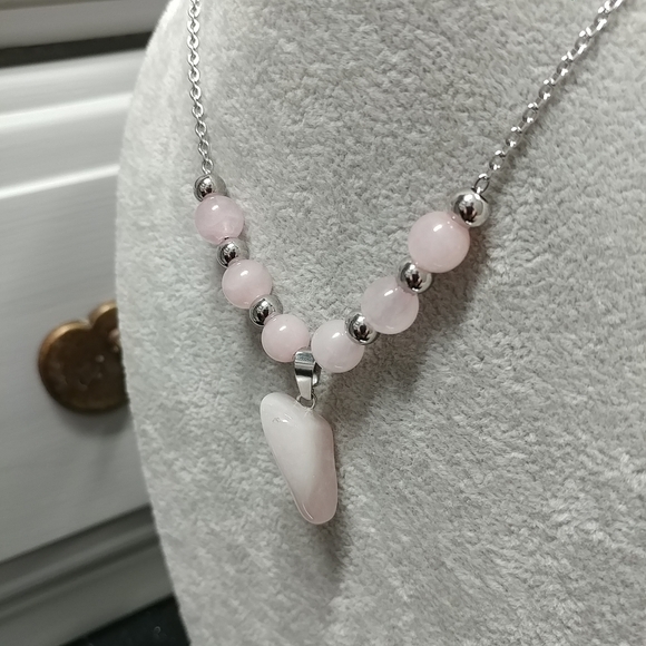 Rose Quartz Necklace Natural Gemstone Crystal Pendant Stainless-Steel Chain - Picture 10 of 16